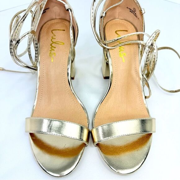 Lulus KAIRA Metallic Gold Open Toe Cord Wrap Ankle Tie Block Heel Sandals - Picture 8 of 16